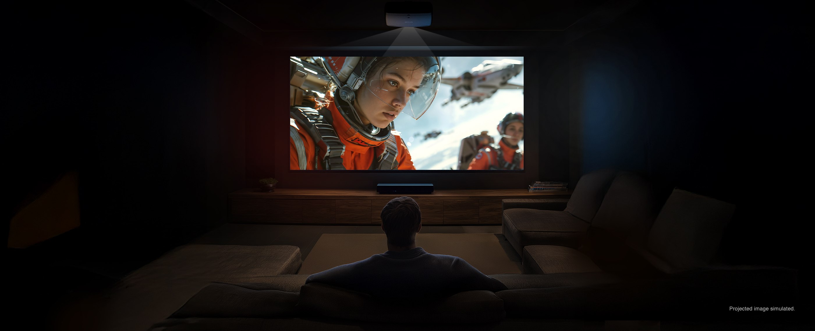 A person watching a space movie in a dark home theater. Projected images simulated.
