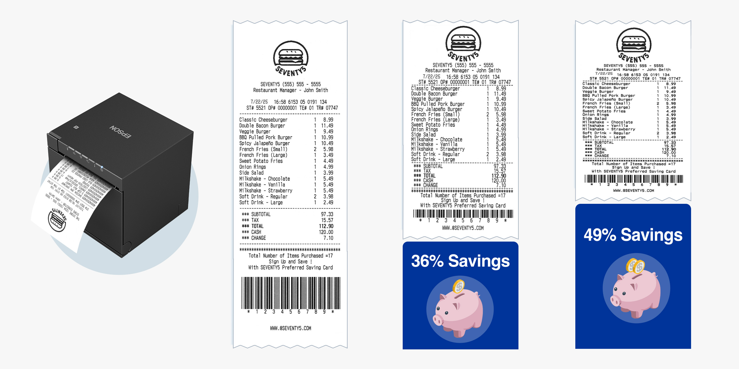 An Epson POS printer, image a standard receipt, image of a shorter receipt with the text 