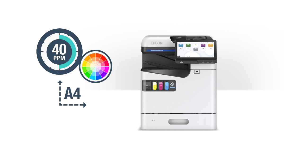 Workforce Enterprise AM-C400 prints color and up to A4 paper size. Text: at 40ppm