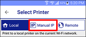 select printer window with Manual IP button selected