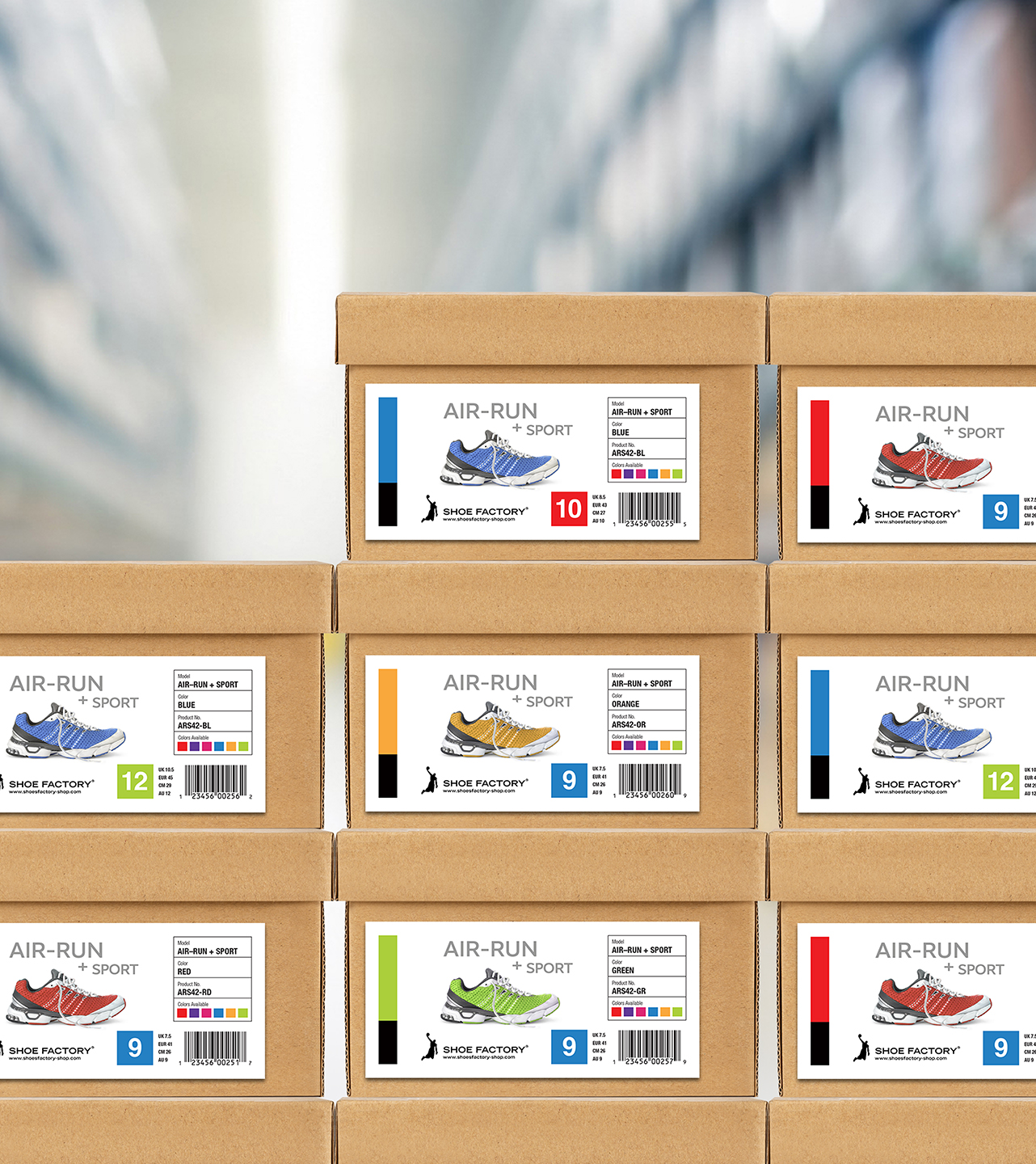 A stack of shoeboxes with colorful labels in a warehouse.