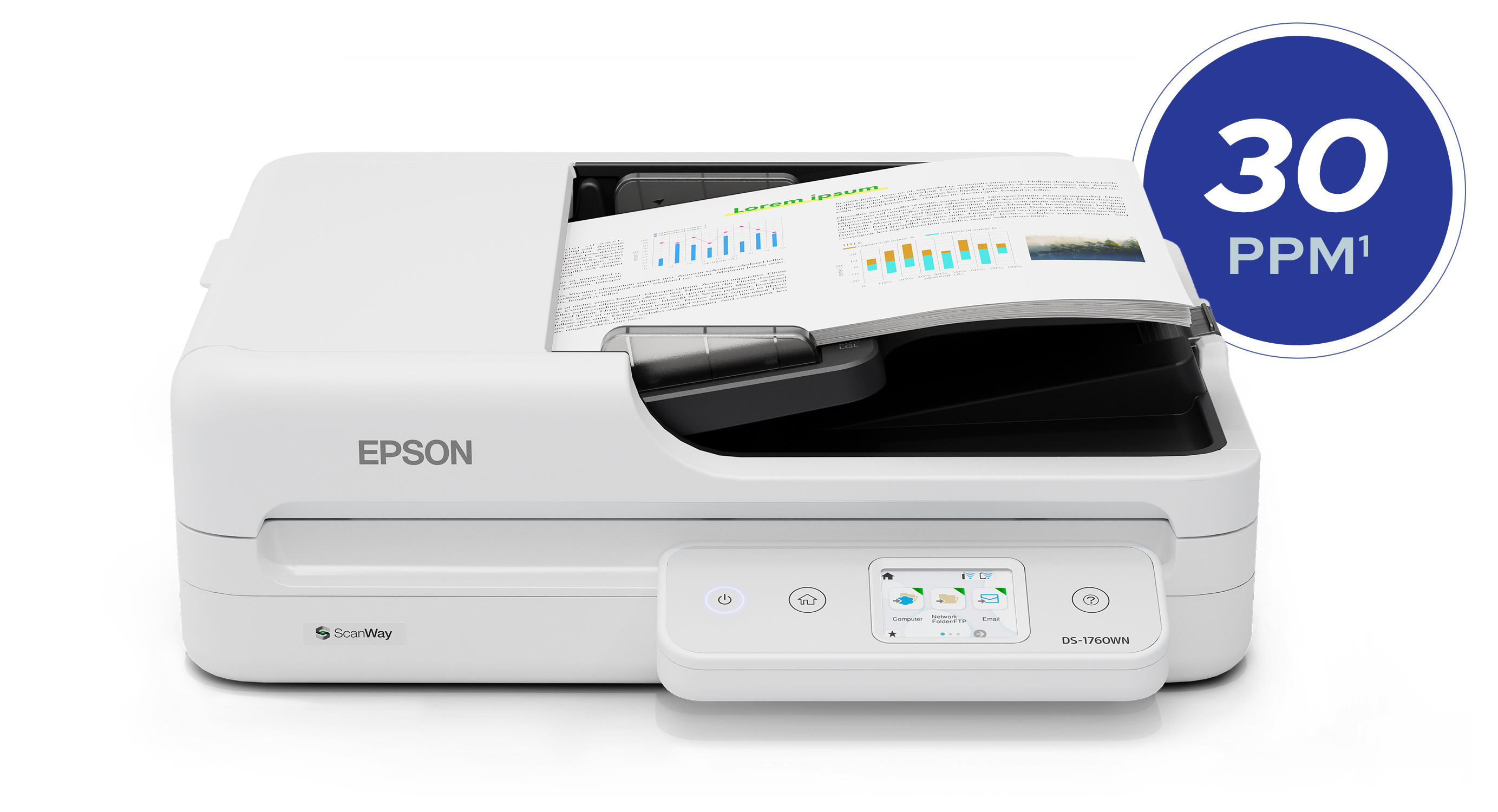 Epson DS-1760WN with bubble above it that reads: 30 PPM