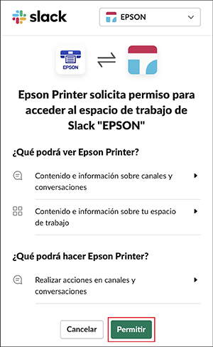 ventana de permiso de slack printing con Permitir seleccionado