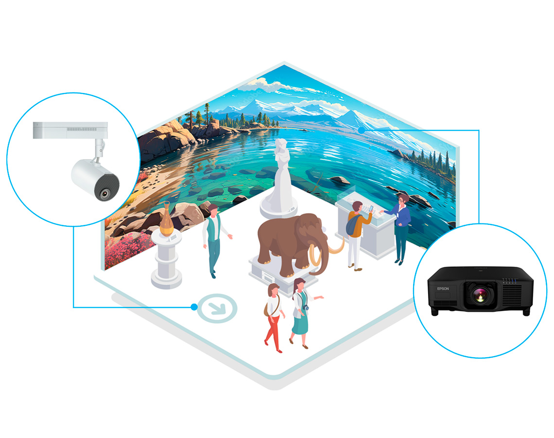Illustration of people in an art museum with projected wall art