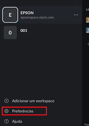 Menu de impress&atilde;o com Slack para iOS com o bot&atilde;o prefer&ecirc;ncias selecionado