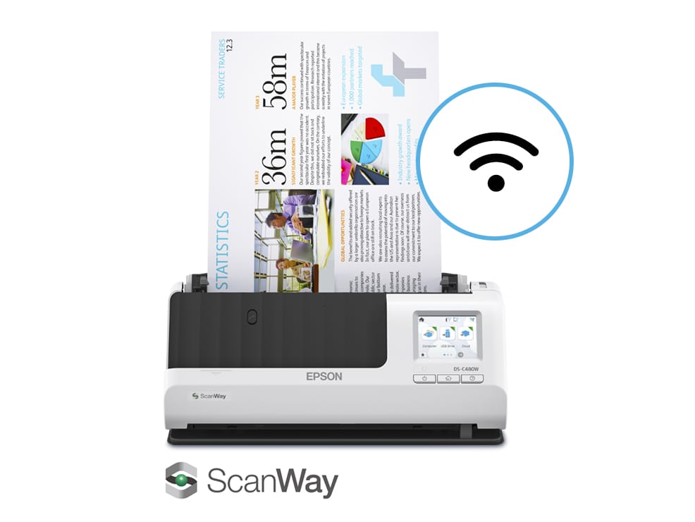 The DS-C480W scanner with the ScanWay logo and wireless icon