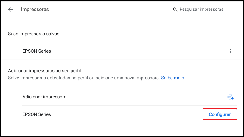 captura de tela do menu de impressoras com o botão configurar selecionado