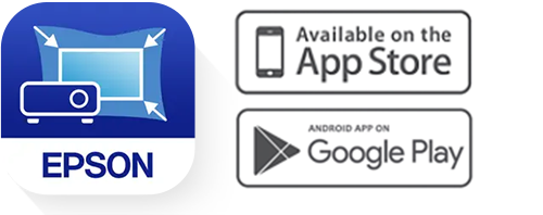 Epson Setting Assistant app logo, Apple App Store logo, Google Play logo