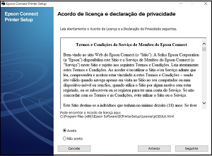 Janela do acordo de licença e da política de privacidade do Epson Connect Printer Setup