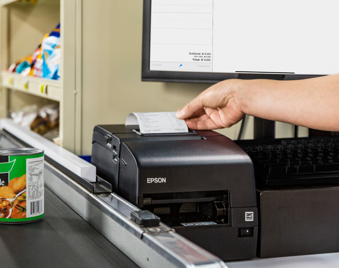 Grocery store with Epson receipt printer and self-checkout kiosk
