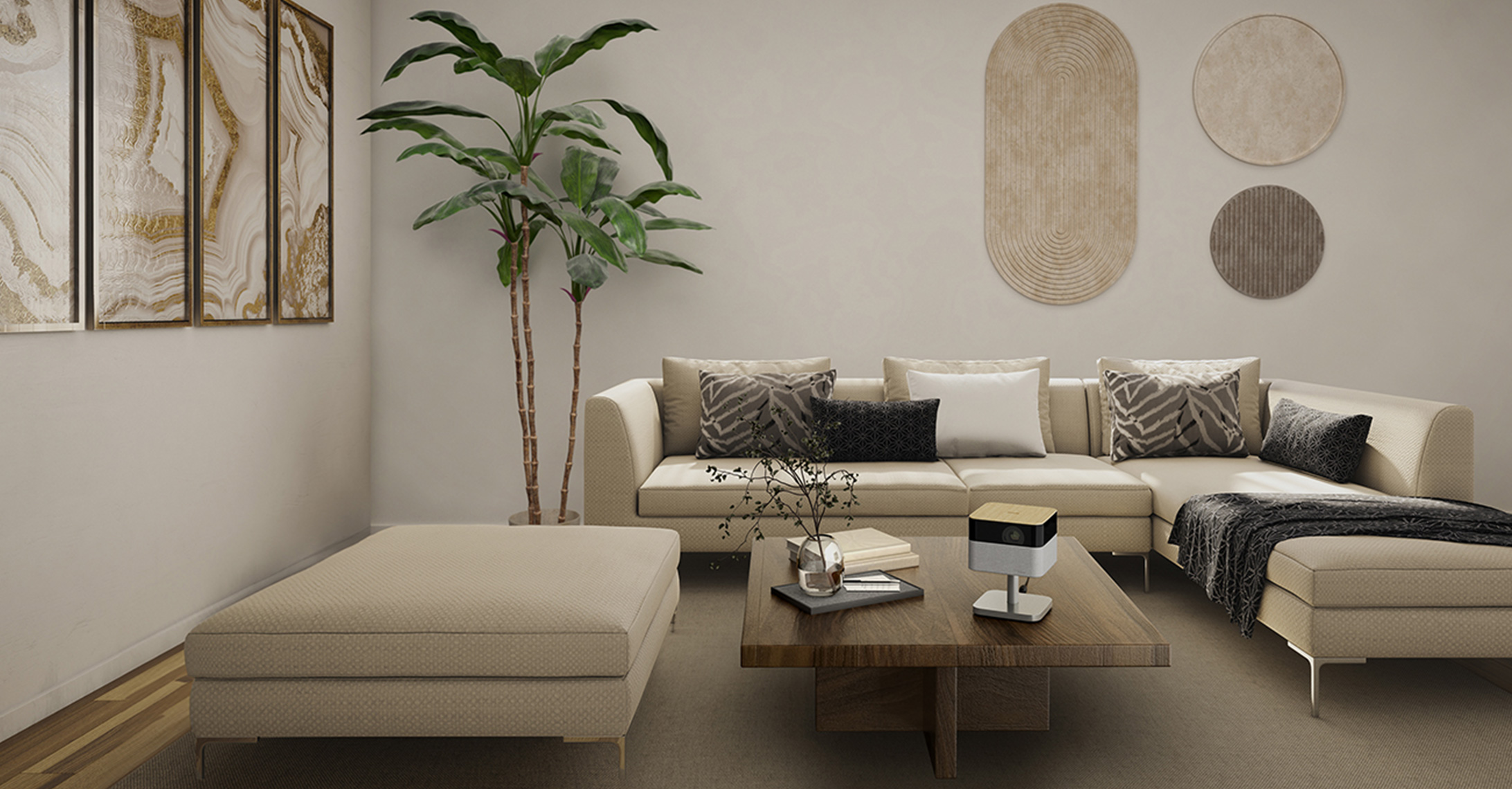 A shot of a modern living room with a Lifestudio Flex on the table
