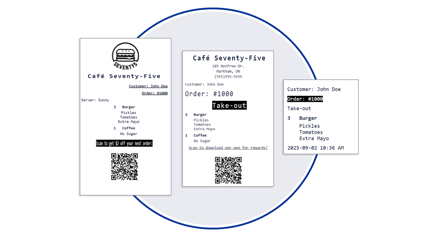 An array of kitchen receipts with various layouts
