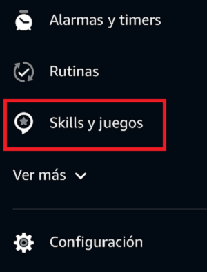 menú Alexa con la opción Skills y juegos seleccionada