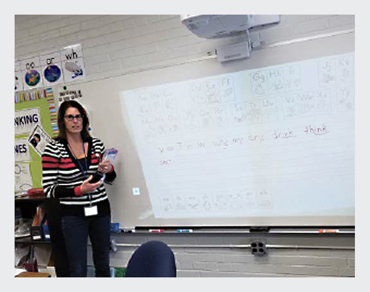 A teacher instructing students in front of a projected image