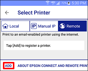 Select Printer window with Add button selected