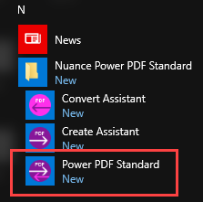 Start menu window with Power PDF Standard selected