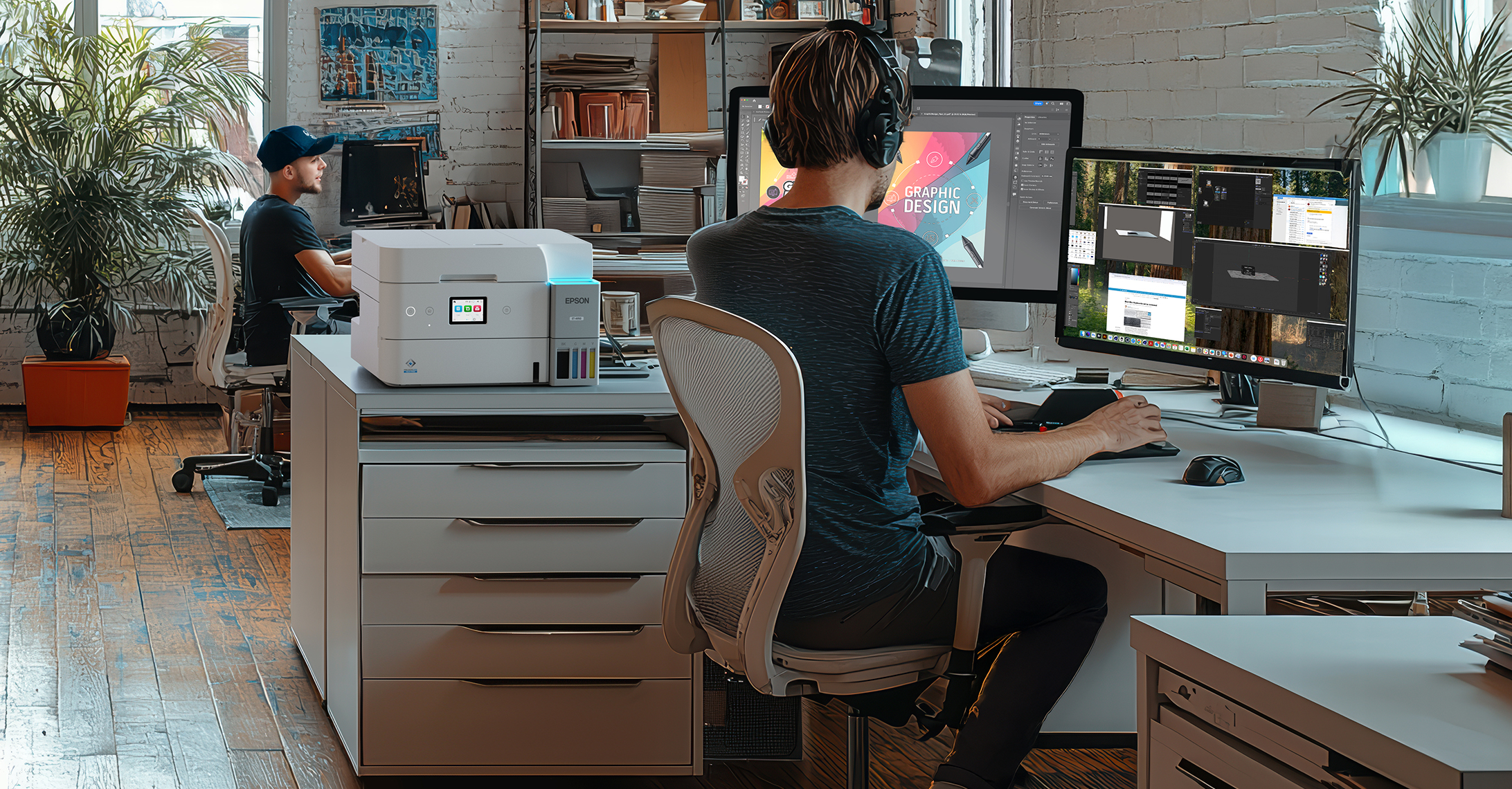Man working in a modern small business office. He is seated at a desk working on his computers next to an EcoTank printer.