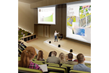 Lecturer teaching in hall with multiple projected images
