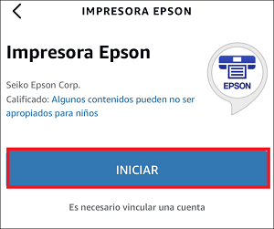 ventana de Alexa Skills con el icono Impresora Epson y el botón INICIAR seleccionado