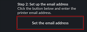 ventana negra de slack printing con el botón set the email address seleccionado