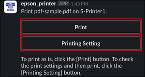 ventana negra de slack printing con los botones print y printing settings seleccionados