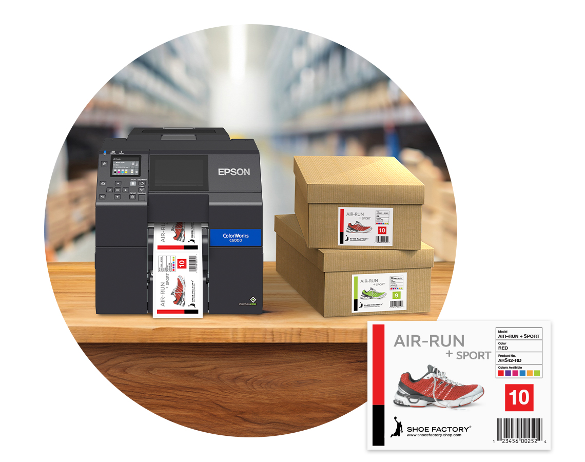 An Epson C6000 on a warehouse table printing out a colorful shoebox label.