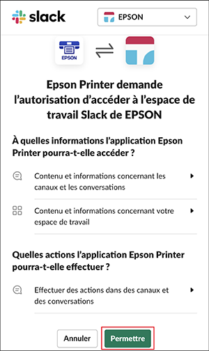 fen&ecirc;tre de permission d&rsquo;impression slack avec Permettre s&eacute;lectionn&eacute;