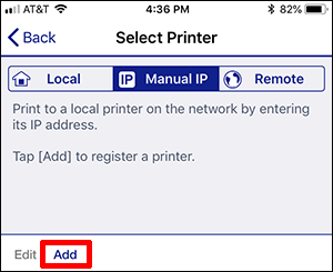 select printer window with Add button selected
