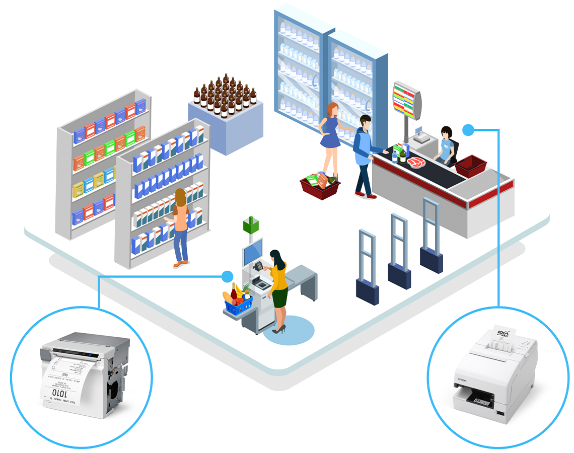 Grocery store with Epson receipt printer and self-checkout kiosk

