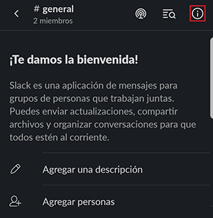 ventana negra de slack con ícono de información en la esquina superior derecha seleccionada