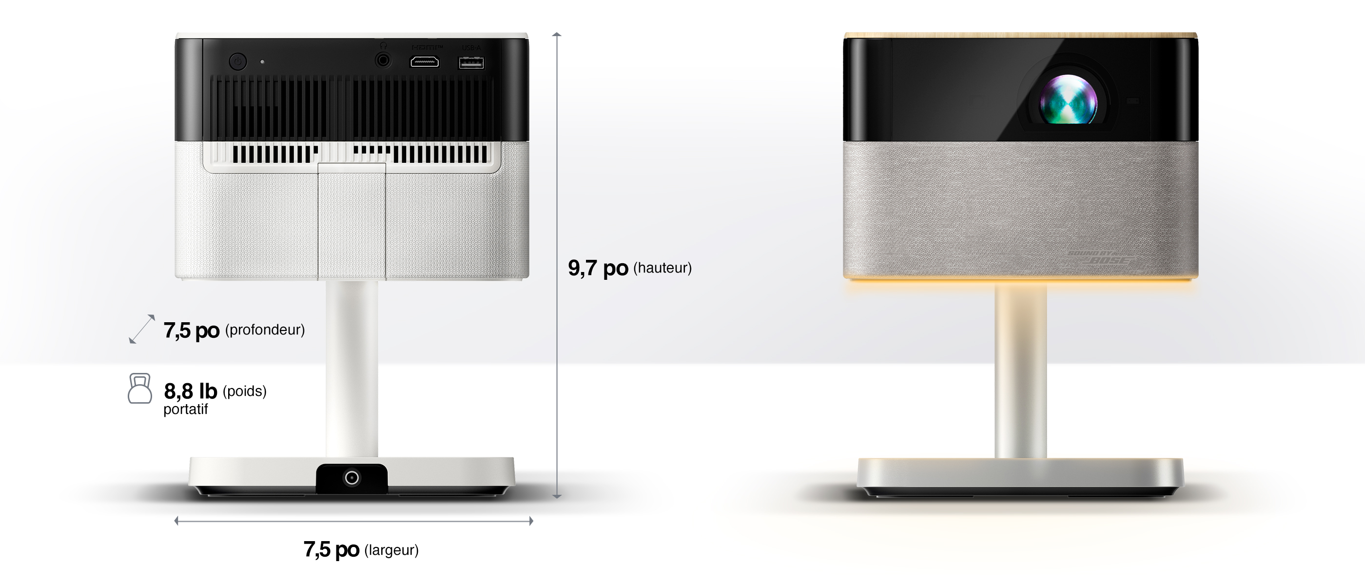 9,7 po (hauteur); 7,5 po (profondeur); 8,8 lb (poids) portatif; 7,5 po (largeur)