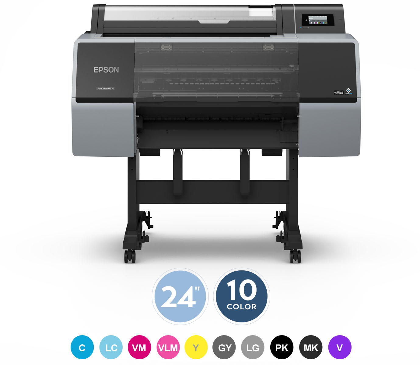 P7370 with 24" print width and 10-colour range featuring cyan, light cyan, vivid magenta, vivid light magenta, yellow, gray, light gray, photo black, matte black, and violet.