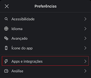 Menu de impressão com Slack com a opção Apps e integrações selecionada