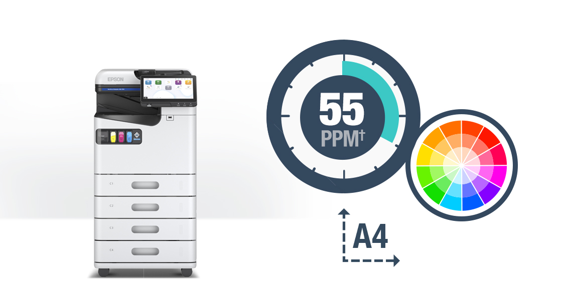 WorkForce Enterprise AM-C550 model prints color, supports up to A4 paper, and prints at 55ppm