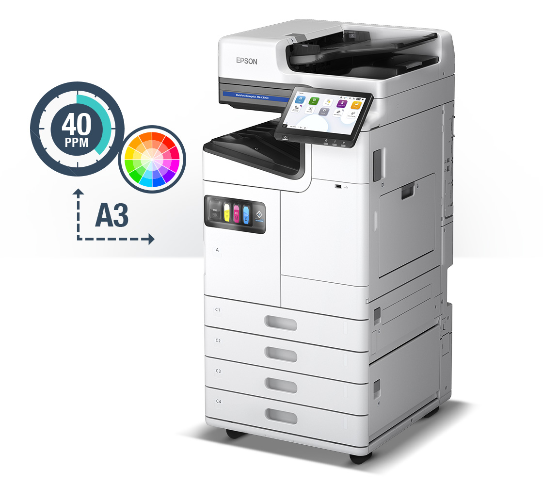 Workforce Enterprise AM-C4000 prints color and up to A3 paper size. Text: at 40ppm