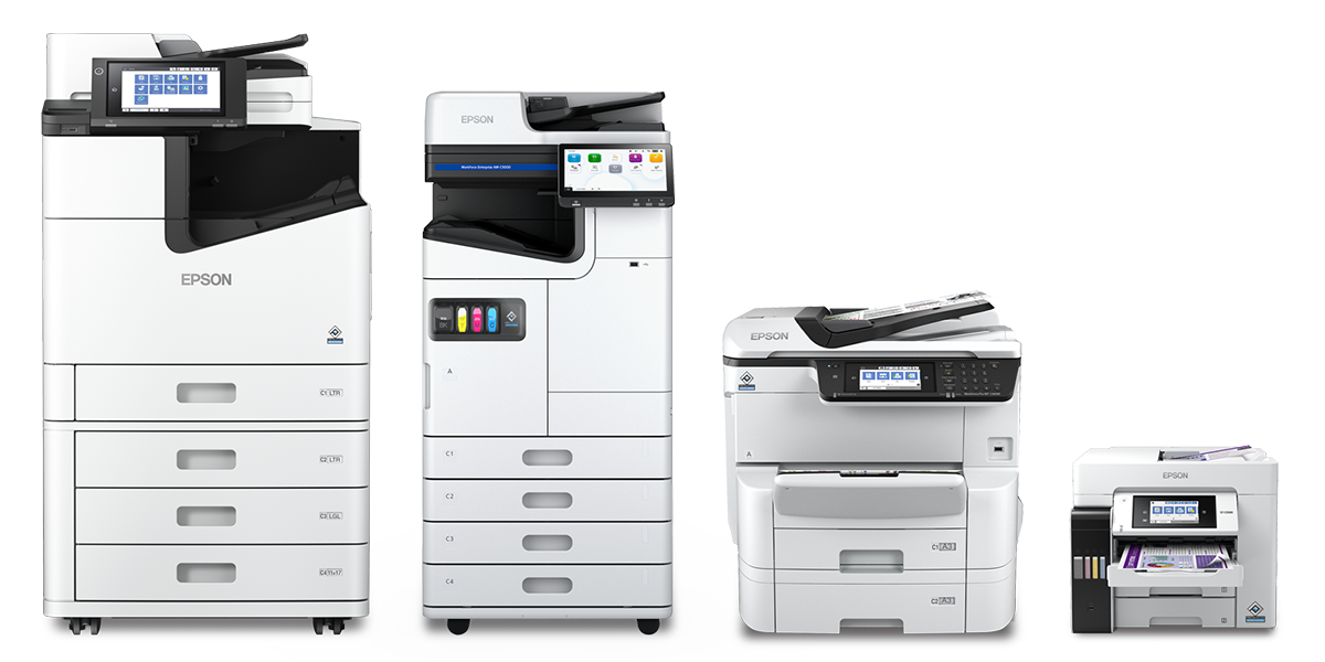 A lineup of Business Inkjet printers of various sizes, arranged for largest to smallest