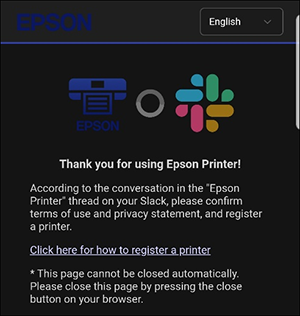 ventana negra de confirmación con íconos de epson y slack