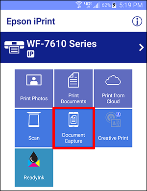 Epson iPrint menu with Document Capture button selected