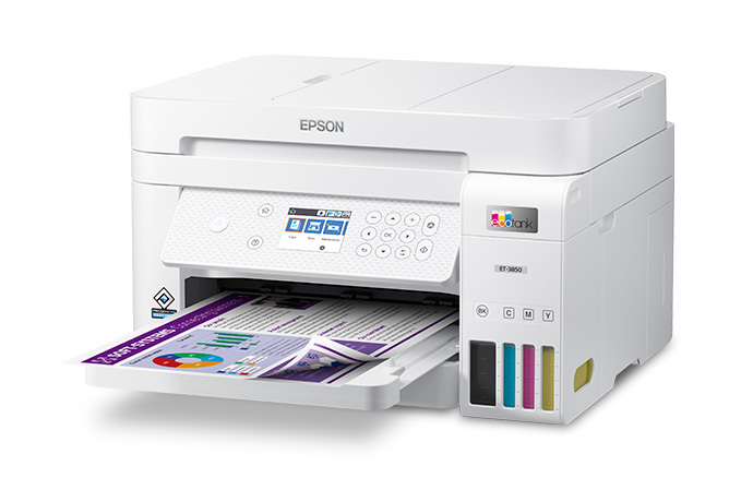 Epson EcoTank ET-3850 Wireless Color Inkjet All-in-One Supertank Printer,  White - Print Scan Copy - 15.5 ppm, 4800 x 1200 dpi, 2.4 LCD, 30-Sheet  ADF