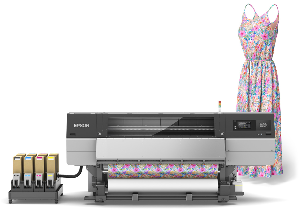 A dress featuring fabric printed on an Epson F10070 printer