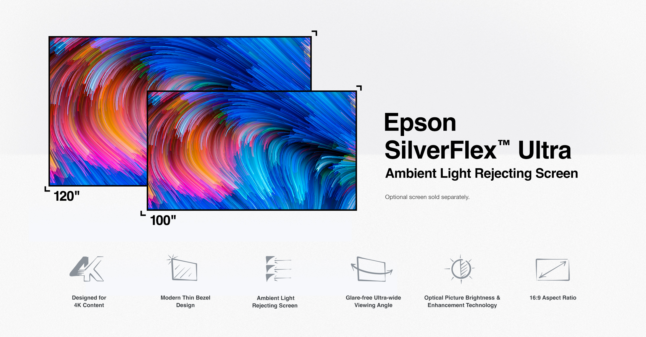 Epson SilverFlex Ultra Ambient Light Rejecting Screen, Optional screen sold separately. Designed for 4K, Thin Bezel, Ambient Light Rejecting Screen, Glare-free, Ultra-wide Viewing Angle, Picture Brightness & Enhancement Technology, 16:9 Aspect Ratio
