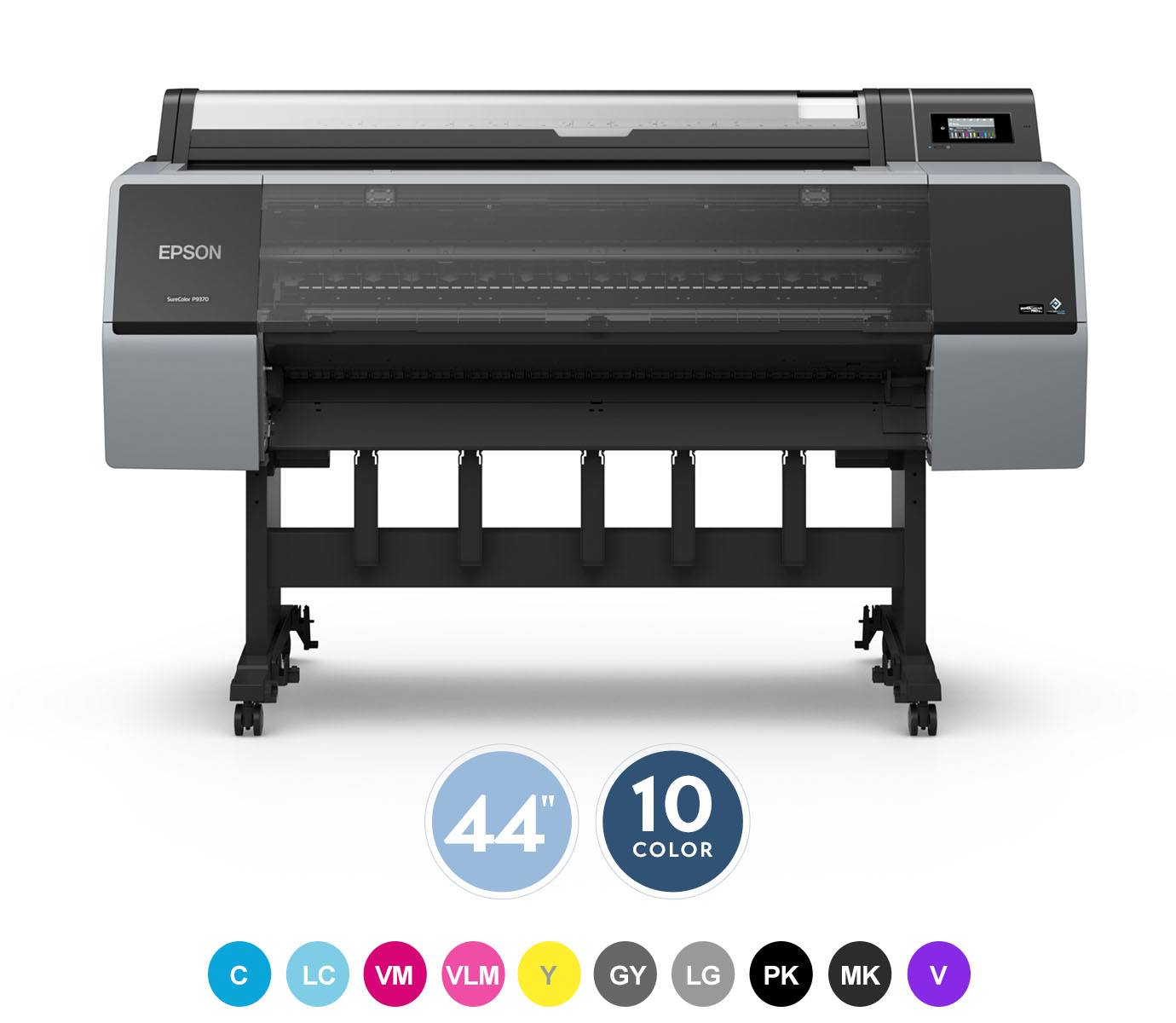 P9370 with 44" print width and 10-colour range featuring cyan, light cyan, vivid magenta, vivid light magenta, yellow, gray, light gray, photo black, matte black, and violet.