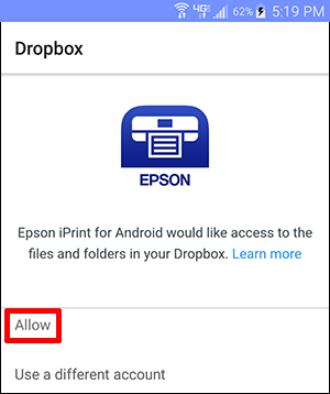 iprint dropbox window with epson icon and allow button selected