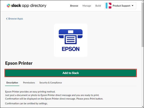slack printing window with epson icon and add to slack button selected