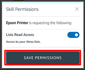 Alexa skill permissions window with Save Permissions button selected