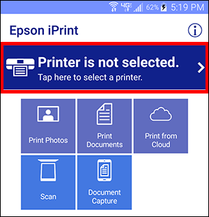 epson iprint menu with select a printer button selected