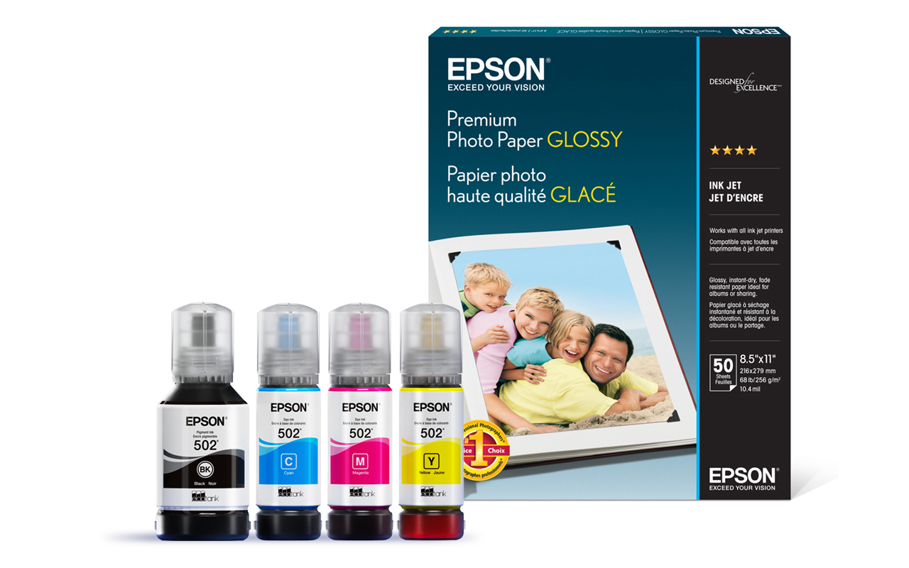 Epson EcoTank 502 Ink Bottles, Epson Premium Glossy Photo Paper