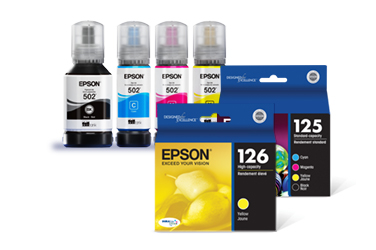 Epson EcoTank 502 Ink Bottles, 126 DURABrite Yellow Ink, 125 DURABrite 4-Ink Pack