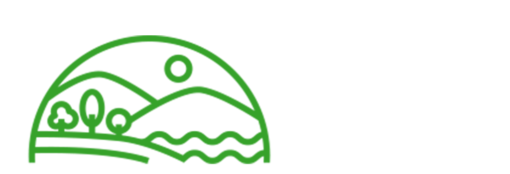 Green sustainability icon with illustration of hills, trees and sun.