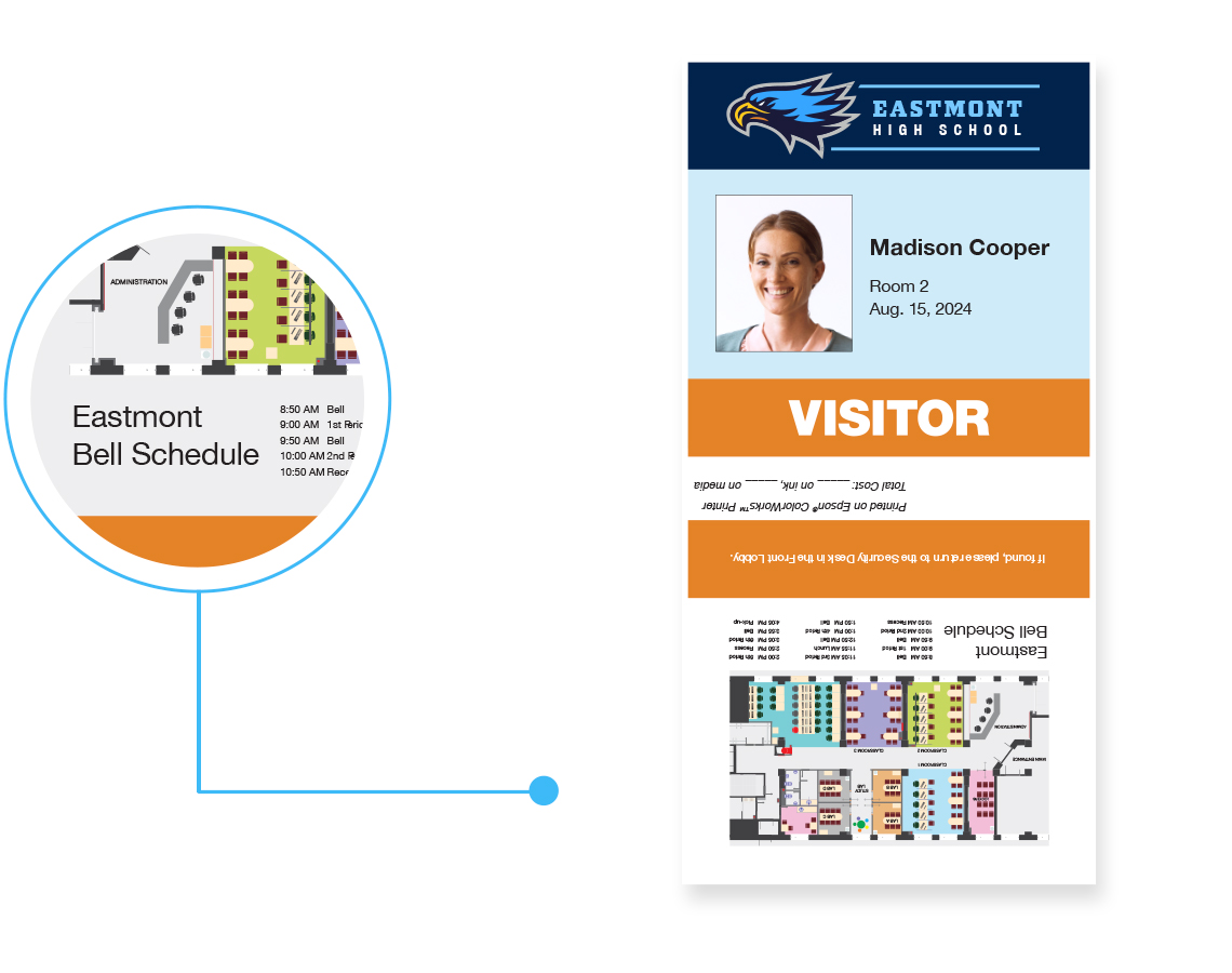 High school visitor badge with full-color map and bell schedule.
